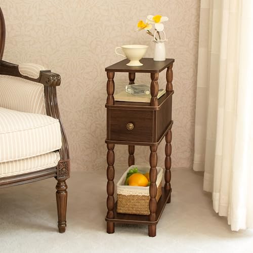 MaxSmeo Walnut Brown Narrow Side Table with Drawer - Small Nightstand for Living Room & Bedroom