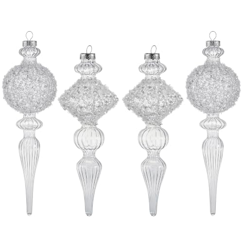Clear Glass Holiday Finials - Set of 4 Handcrafted Christmas Ornaments, 6 & 7 Inch Assorted Styles