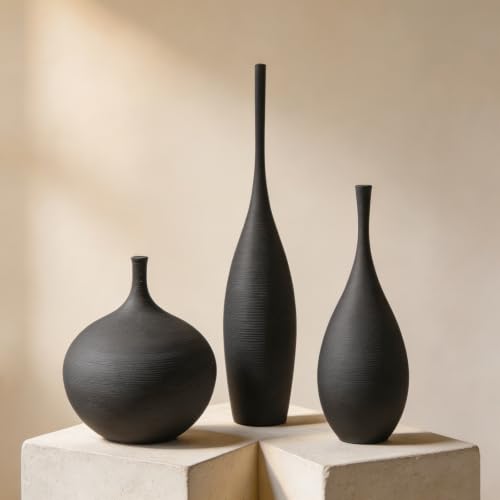 Black Ceramic Vase Set of 3 - Modern Boho Matte Minimalist Home Decor