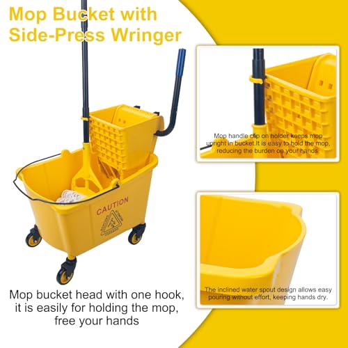Kefanta 35 Qt Commercial Mop Bucket Set with Wringer on Wheels, Yellow