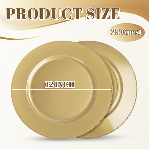 Gold Plastic Charger Plates 12 Inch 25 Pack - Elegant Disposable Dinnerware for Weddings & Parties