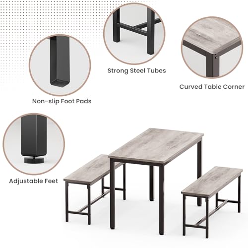 FAVSH Grey Dining Table Set for 4 with 2 Benches - Space-Saving Modern Kitchen Furniture
