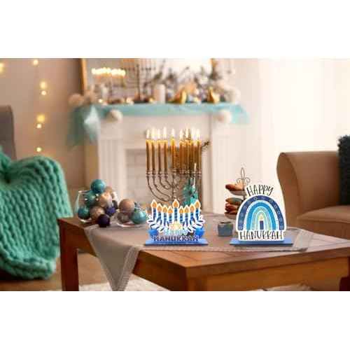 3PCS Hanukkah Table Decorations Decor, Wooden Chanukkah Table Centerpiece Set Dreidel Star of David Candle Menorah Blue Centerpieces Table Decorations for Home Party Jewish Christmas Chanukah Decor