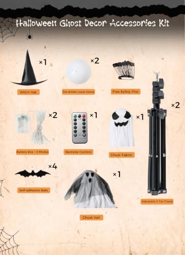 Minetom 2 Pack 5 FT Halloween Ghost Decorations with Lights & Veil-Witch Hat Variation