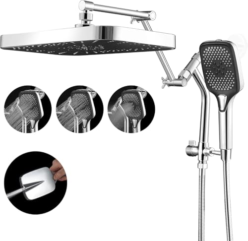 14-Inch Rain Shower Head with Handheld Spray - Polished Chrome, Low Profile Extension