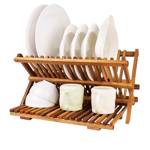 Utoplike 3-Tier Collapsible Teak Dish Drying Rack Large Capacity - Standard