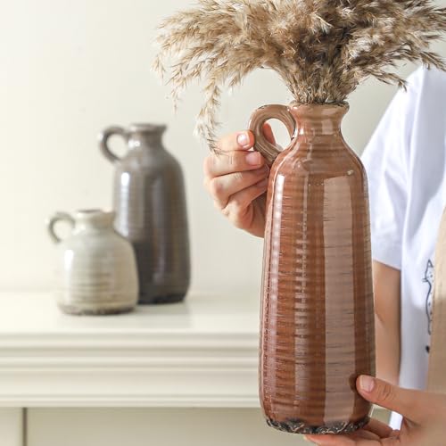 Ooit Brown Ceramic Vase Set of 3 Rustic Farmhouse Home Decor with Handles