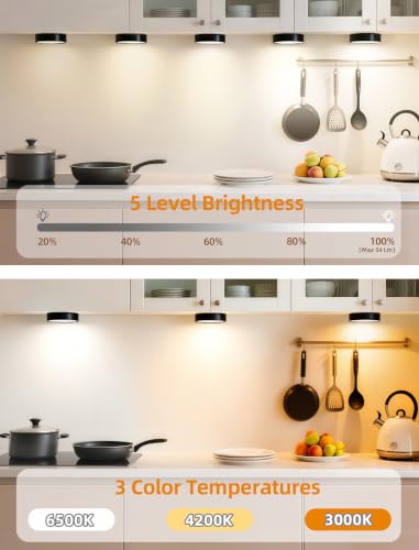 Besttour 6-Pack Rechargeable Under Cabinet Puck Lights with Remote, Motion Sensor, Black