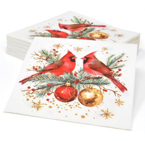 Christmas Cardinal Cocktail Napkins Set of 100, Red Bird & Ornament Design
