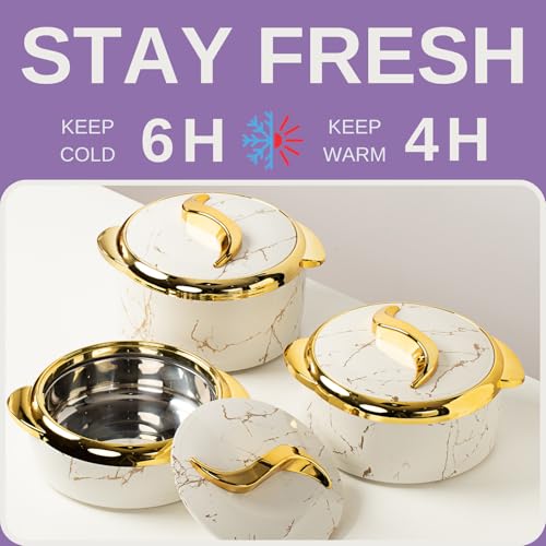 Hywisnok Marble White Insulated Casserole Dishes Set with Lids, 2.6/2.1/1.6 Qt - Thermal Serving Bowls, 3 Pieces