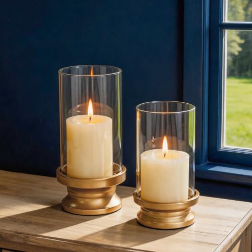 NUPTIO Matte Gold Hurricane Candle Holders Set of 2 - Pillar Candle Decor, Open-End Design, Small & Large Sizes