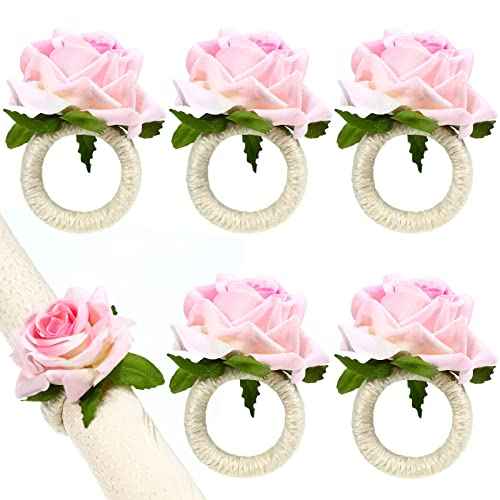Flower Napkin Rings Set of 6 Pink Champagne Rose Flower Handmade Napkin Holder Rings Table Decorations for Summer Wedding Birthday Luncheons Picnics Banquet Thanksgiving Christmas