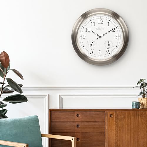 17.9-Inch Indoor/Outdoor Atomic Wall Clock with Stainless Steel Frame & Weather-Resistant Design - Classic Analog Time & Temperature Gauge - Variation: Round Clocks / 18 Inch / Stainless Steel