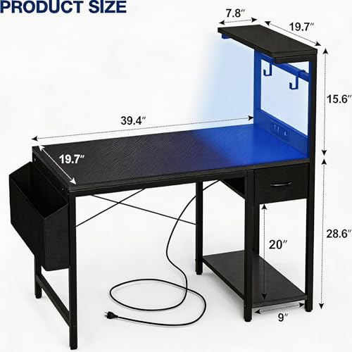 Grandder 40-Inch Gaming Desk with Power Outlet, LED Light & Reversible Shelves - Black (1 Drawer & LED)