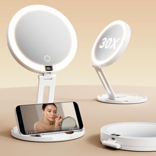 Travel Makeup Mirror with Lights - White, 1X/30X Magnification, Foldable & Rechargeable