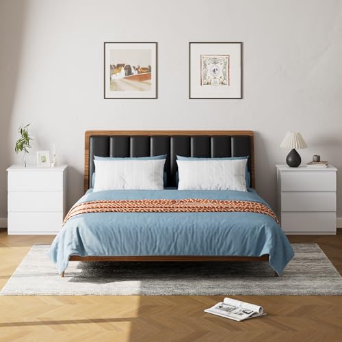 White Nightstand with 3 Drawers - Small Bedroom Side Table Storage