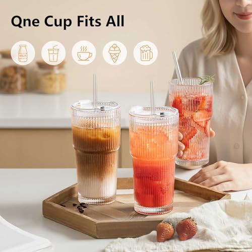 Ruckae 16oz 8 Pack Juice Bottles, Glass Bottles Juicing with Lids, Smoothie Cup Lids and Straws, Water Bottle Mason Jar Drinking Glasses for Juicing, Smoothies, Kombucha