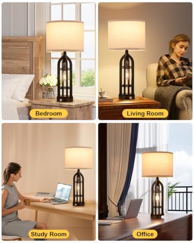 Seealle Farmhouse 3-Way Dimmable Table Lamps Set of 2 with Oat Shade & Black Base