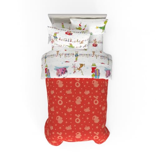 Franco Grinch Holiday Twin Bedding Set with Reversible Comforter, Sheets & Shams - White & Red