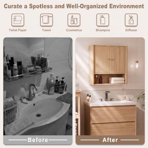Oak Bathroom Wall Cabinet with Adjustable Shelves - Over Toilet Storage Organizer