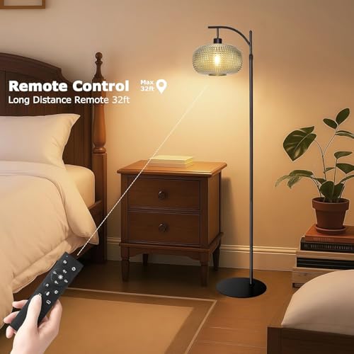 Dark Green Floor Lamp with Remote Control & Dimmable Green Lampshade - Vintage Mid-Century Modern Tall Standing Light for Living Room & Bedroom - Black+Dark Green