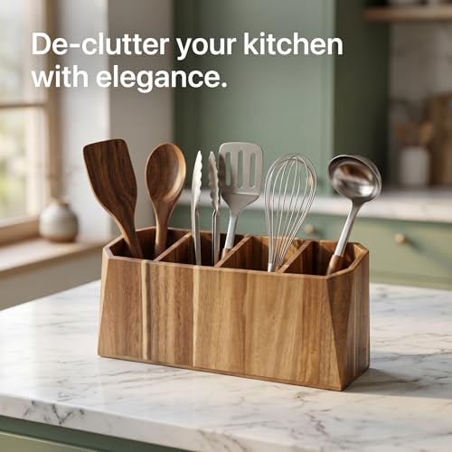 Extra Large 4-Compartment Acacia Wood Kitchen Utensil Holder - Rustic Farmhouse Countertop Storage Caddy