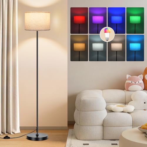 Floor Lamp for Living Room & Bedroom - Tall Standing Light with Remote, Color Changing & Dimmable Beige Shade