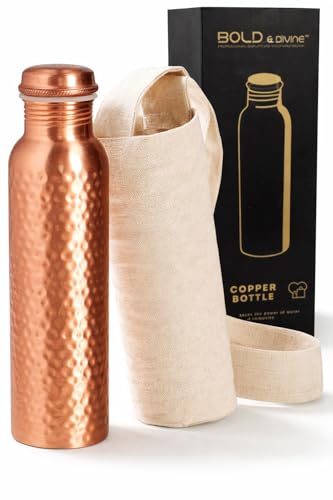 Copper Water Bottle - 32oz Handcrafted Pure Copper Drinking Vessel with Leak-Proof Cap & Bonus Canvas Bag