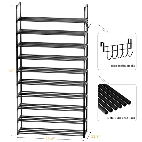 SRRSO Black 10-Tier Metal Shoe Rack Organizer for 40-45 Pairs, Tall Closet & Entryway Storage