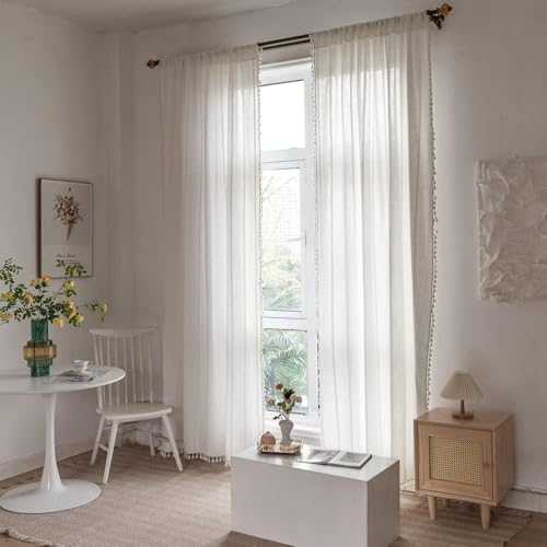 White 52W x 84L Boho Linen Curtains with Tassels - Pack of 2, Semi-Blackout for Living Room & Bedroom