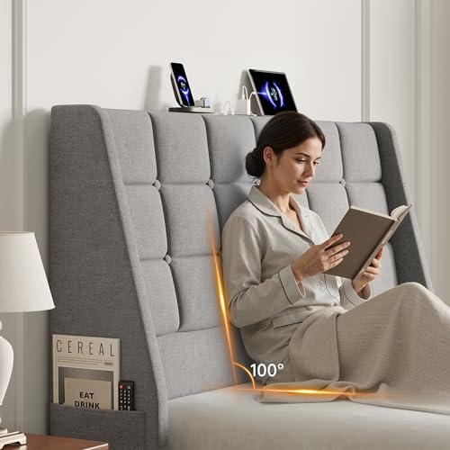 Full Size Wingback Headboard with Charging Station - Gray, Ergonomic & Storage