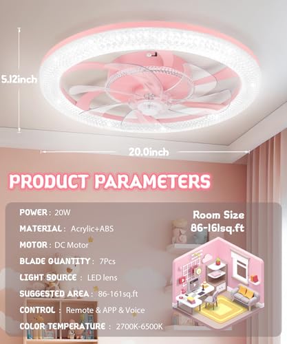 Vookea Pink 20-Inch Smart Ceiling Fan with Light & Remote, Bluetooth & APP Control