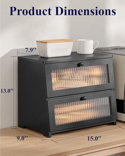 Kitsure Wooden Bread Box with 2-Tier Black Countertop Storage