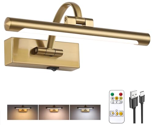 Brass Finish Rechargeable Picture Light with Remote Control, 12 Inch Adjustable Art Lighting