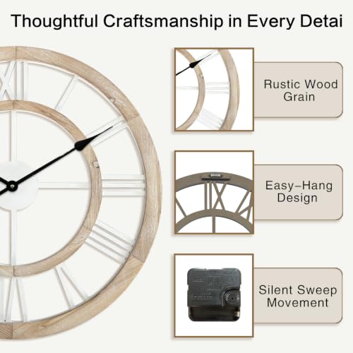 24 Inch Large Rustic Wall Clock - Silent Wooden Farmhouse Decor with Roman Numerals - Light Ivory Variation