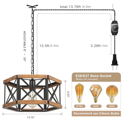 14.5 Inch Rustic Farmhouse Pendant Light Fixture with Adjustable Chain and Dimmable Switch - Black