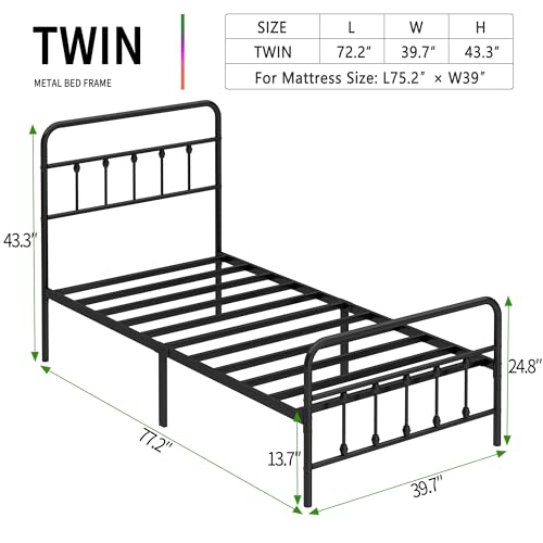 Black Twin Metal Bed Frame with Headboard and Footboard - Sturdy Steel, Underbed Storage