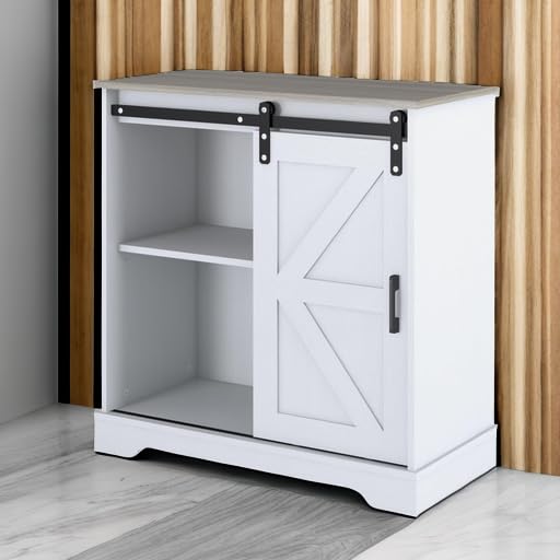 Sliding Barn Door Buffet Sideboard Storage Cabinet - White with Nature Top - Farmhouse Style