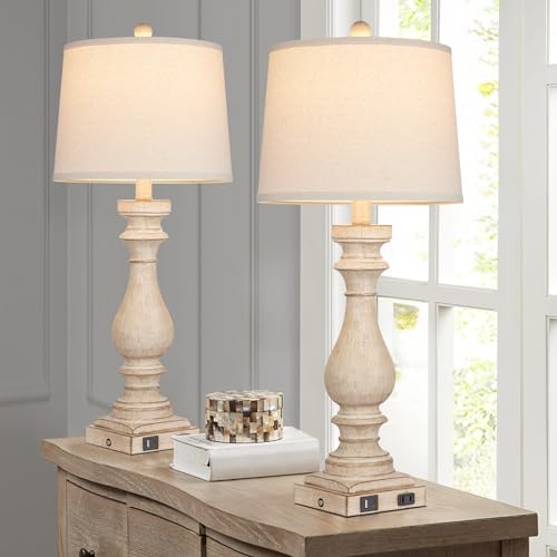 Beige 29-Inch Tall Farmhouse Table Lamp Set of 2 with USB C & A Ports, AC Outlet, Dimmable Touch Control