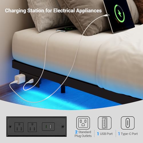Queen Size Floating Metal Platform Bed Frame with LED Lights & Charging Station - Lurxhome
