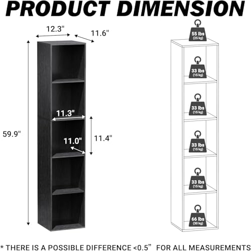 Black 5-Cube Storage Organizer Narrow Open Shelving Bookcase
