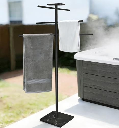 EADOT Marble Base Outdoor Pool Towel Rack with 6 Arms & Tray - Matte Black Variation