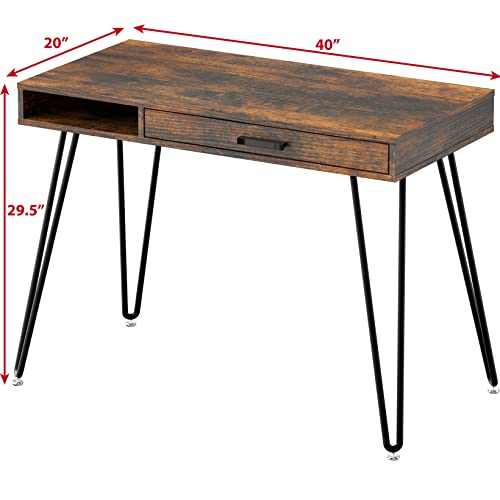 Rustic Brown Hairpin Leg Desk with Drawer - Modern Home Office Table
