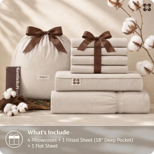 Bedsure PureWoven 100% Washed Cotton Queen Sheets Linen Beige 6PCS