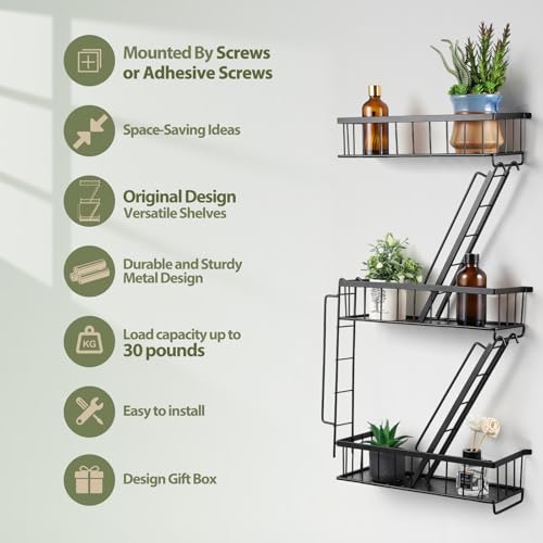 Black 3-Tier Fire Escape Wall Shelf - NYC Style Ladder Floating Shelves for Bedroom & Home Office