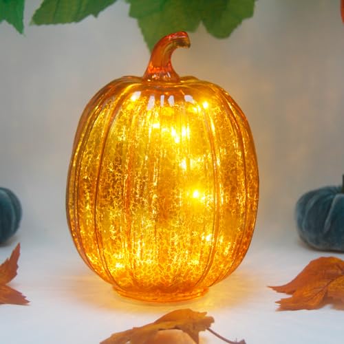 HVTDECOR 8-inch Gold Mercury Glass Pumpkin Lights with Timer - Battery Operated Halloween & Fall Decor