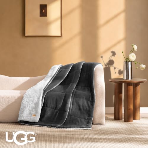 UGG Nita Charcoal Grey Reversible Throw Blanket - Fluffy & Soft Fleece, 50x70 Inches, Giftable Couch & Bed Decor