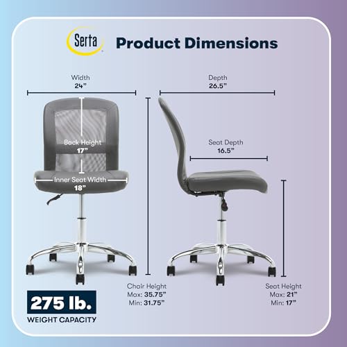 Grey Serta Armless Small Home Desk Chair with Wheels, Mesh Back Ergonomic