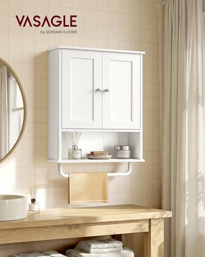 VASAGLE Wall Mounted Bathroom Cabinet with Towel Rod - Cloud White, 20" Rectangular, 2 Doors