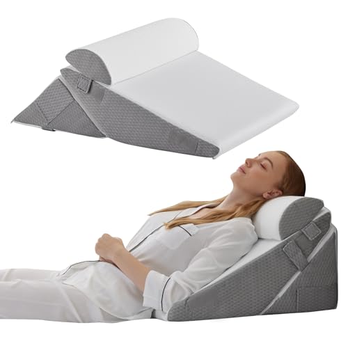Bedluxe Adjustable Wedge Pillow Set for Post-Surgery Recovery, Orthopedic Bed Wedge, White/Grey, Includes Head Pillow & 10-in-1 Design